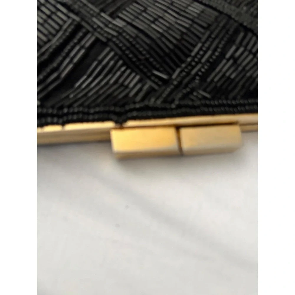 Vintage Marshall‎ Fields Black Beaded Clutch Hand Made Evening Bag Gold Chain